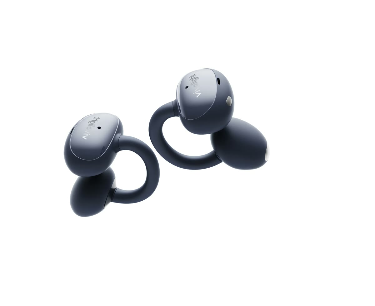 Two graphite vivolight clip-on open-ear earphone concept forms.
