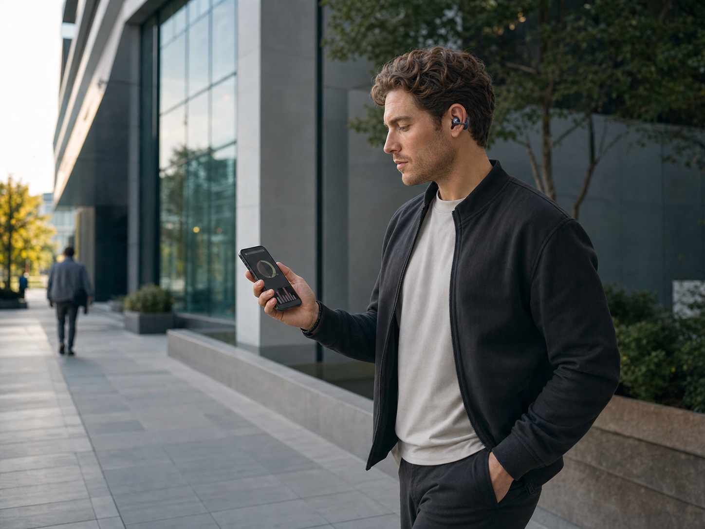 Western male professional checking a post-activity Active 5 summary while wearing the vivolight concept.